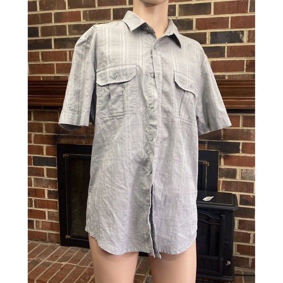 Calvin Klein Men's Gray Sz Large‎ Button Down T Shirt Striped Short Sleeve Used - Picture 1 of 14